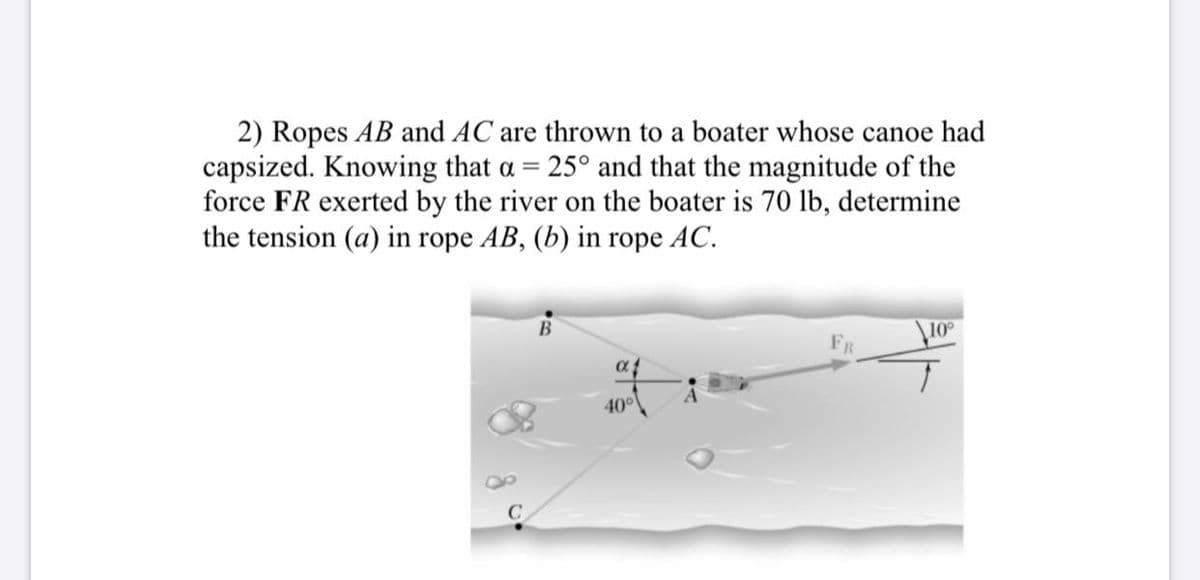2) Ropes AB and AC are thrown to a boater whose canoe had
capsized. Knowing that a = 25° and that the magnitude of the
force FR exerted by the river on the boater is 70 lb, determine
the tension (a) in rope AB, (b) in rope AC.
B
40°
