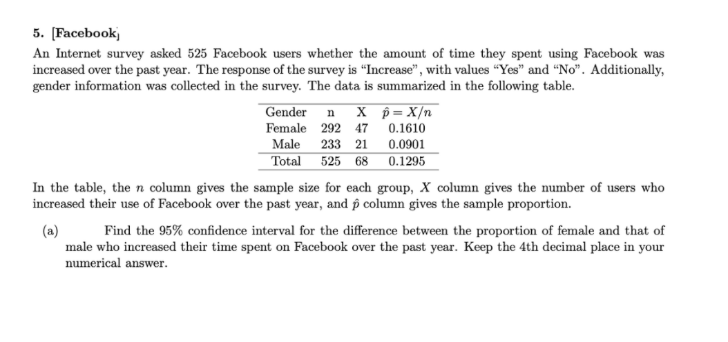 5. [Facebookj
An Internet survey asked 525 Facebook users whether the amount of time they spent using Facebook was
increased over the past year. The response of the survey is "Increase", with values "Yes" and "No". Additionally,
gender information was collected in the survey. The data is summarized in the following table.
Gender
X p= X/n
n
Female 292 47
0.1610
Male
233 21
0.0901
Total
525
68
0.1295
In the table, the n column gives the sample size for each group, X column gives the number of users who
increased their use of Facebook over the past year, and p column gives the sample proportion.
(a)
male who increased their time spent on Facebook over the past year. Keep the 4th decimal place in your
numerical answer.
Find the 95% confidence interval for the difference between the proportion of female and that of
