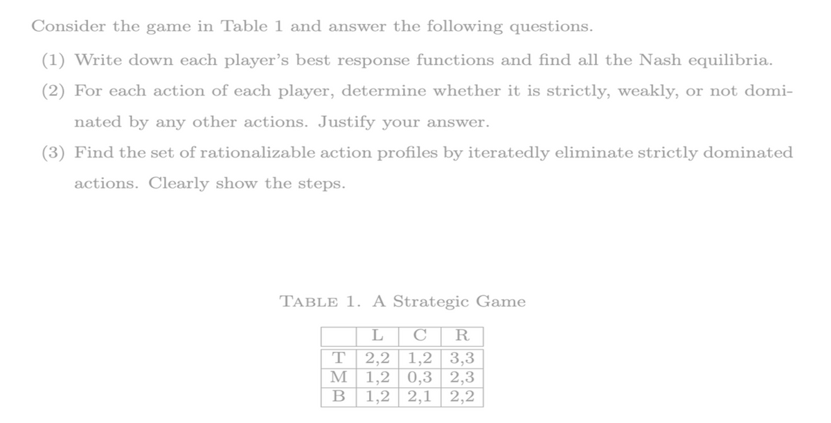 Consider the game in Table 1 and answer the following questions.
(1) Write down each player's best response functions and find all the Nash equilibria.
(2) For each action of each player, determine whether it is strictly, weakly, or not domi-
nated by any other actions. Justify your answer.
(3) Find the set of rationalizable action profiles by iteratedly eliminate strictly dominated
actions. Clearly show the steps.
TABLE 1. A Strategic Game
L CR
2,2
1,2 3,3
2,3
1,2 0,3
0,3
1,2 2,1 2,2
M
B