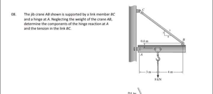 The jib crane AB shown is supported by a link member BC
and a hinge at A. Neglecting the weight of the crane AB,
determine the components of the hinge reaction at A
and the tension in the link BC.
04 m
