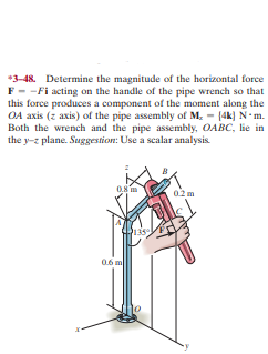 *3-48. Determine the magnitude of the horizontal force
F--Fi acting on the handle of the pipe wrench so that
this force produces a component of the moment along the
OA axis (z axis) of the pipe assembly of M. - (4k] N - m.
Both the wrench and the pipe assembly, OABC, lie in
the y-z plane. Suggestion: Use a scalar analysis.
0,8 m
02 m
06 m
