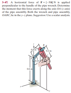 3-47. A horizontal force of F-|-506) N is applied
perpendicular to the handle of the pipe wrench. Determine
the moment that this force exerts along the axis OA (z axis)
of the pipe assembly. Both the wrench and pipe assembly,
OABC, lie in the y-z plane. Suggestion: Use a scalar analysis.
02 m
06 m
