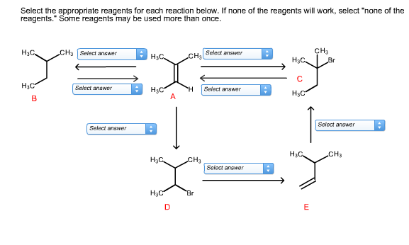 Select the appropriate reagents for each reaction below. If none of the reagents will work, select "none of the
reagents. Some reagents may be used more than once
CH3
Br
CH Select answer
Нас.
Solect answer
Нас.
CH3
Нас.
C
НаС
Select answer
H
Select answer
H3C
A
НаС
В
Select answer
Select answer
Нас,
Cн3
Нас.
CH3
Select answer
Br
Нас
E
