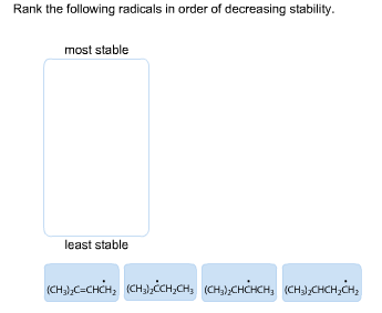Rank the following radicals in order of decreasing stability.
most stable
least stable
(CHдС-снсн, (сныссн,сн, (сн),снансн, (сH3,CHCH, CH,

