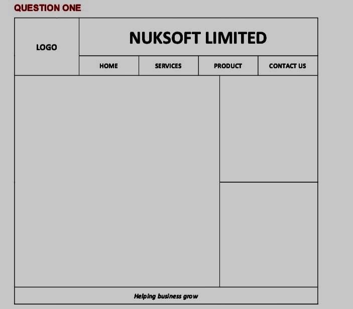 QUESTION ONE
NUKSOFT LIMITED
LOGO
HOME
SERVICES
PRODUCT
CONTACT US
Helping business grow
