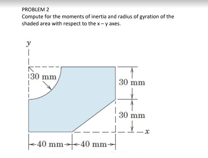PROBLEM 2
Compute for the moments of inertia and radius of gyration of the
shaded area with respect to the x- y axes.
y
130 mm
30 mm
30 mm
-40 mm-
-40 mm
