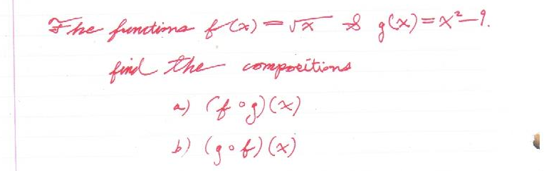Fhe fonctima fca)-vã 8 gx)=x²–1.
finil the comporitions
a) f og) (x)
b) (got) (x)
