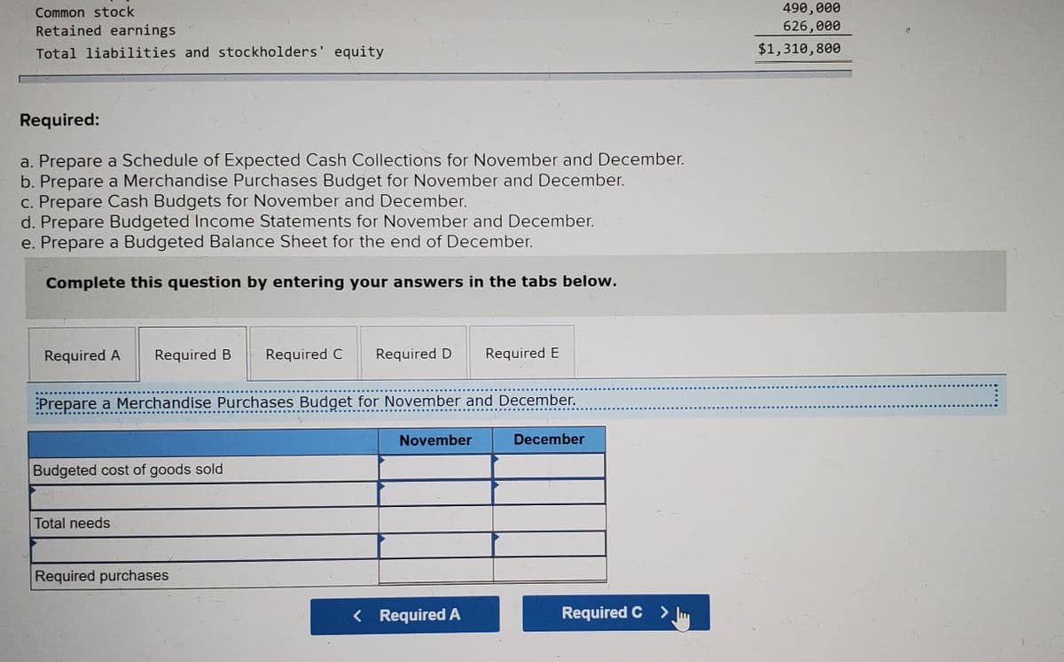 490,000
626,000
Common stock
Retained earnings
Total liabilities and stockholders' equity
$1,310,800
Required:
a. Prepare a Schedule of Expected Cash Collections for November and December.
b. Prepare a Merchandise Purchases Budget for November and December.
c. Prepare Cash Budgets for November and December.
d. Prepare Budgeted Income Statements for November and December.
e. Prepare a Budgeted Balance Sheet for the end of December.
Complete this question by entering your answers in the tabs below.
Required A
Required B
Required C
Required D
Required E
Prepare a Merchandise Purchases Budget for November and December.
November
December
Budgeted cost of goods sold
Total needs
Required purchases
< Required A
Required C >
