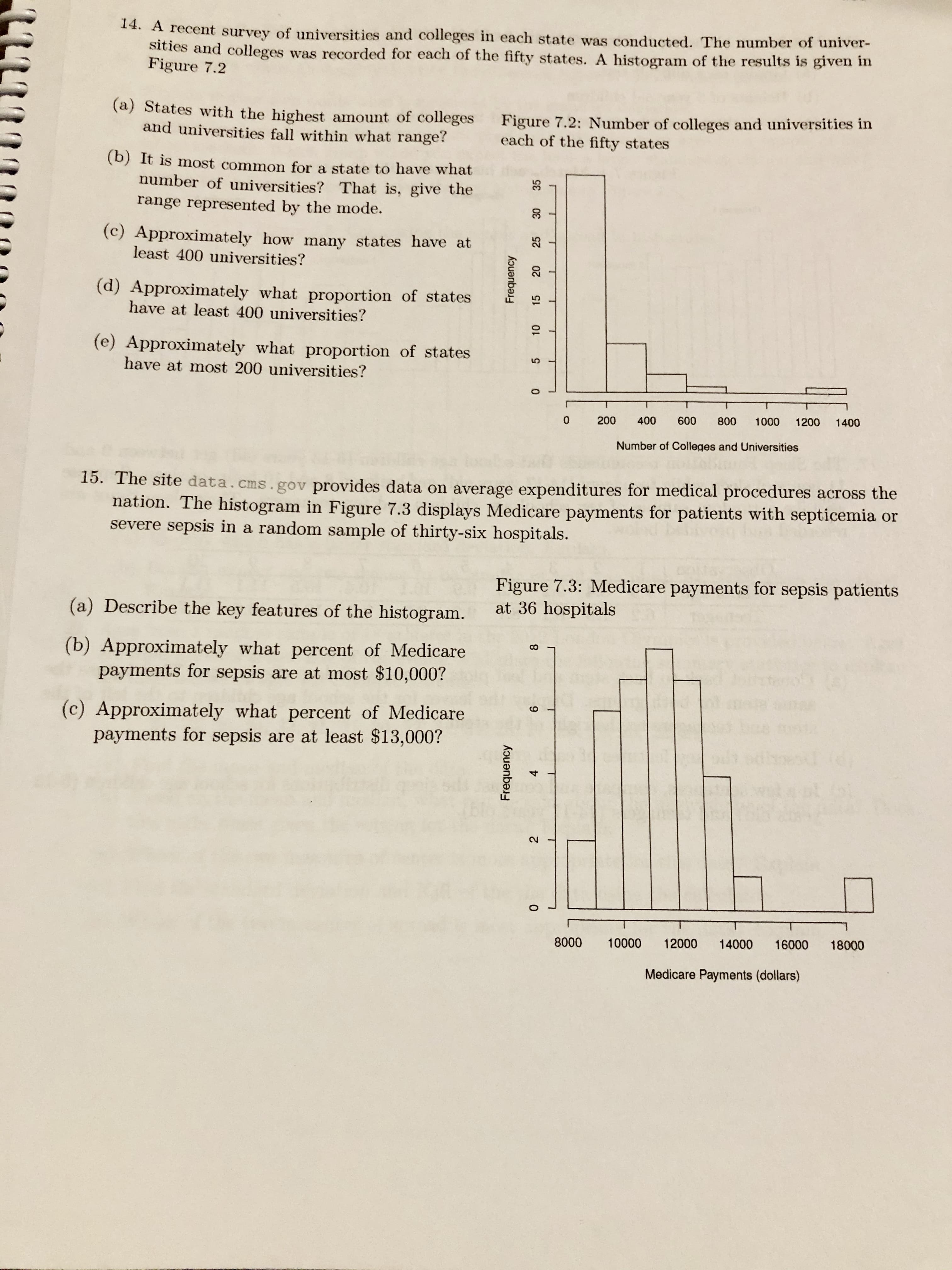 14. A recent survey of universities and colleges in each state was conducted. The number of univer-
sities and colleges was recorded for each of the fifty states. A histogram of the results is given in
Figure 7.2
(a) States with the highest amount of colleges
and universities fall within what range?
Figure 7.2: Number of colleges and universities in
each of the fifty states
(b) It is most common for a state to have what
number of universities? That is, give the
range represented by the mode.
(c) Approximately how many states have at
least 400 uiversities?
25
(d) Approximately what proportion of states
have at least 400 universities?
10
(e) Approximately what proportion of states
have at most 200 universities?
1000
1200
1400
600
800
400
200
Number of Colleges and Universities
15. The site data.cms.gov provides data on average expenditures for medical procedures across the
nation. The histogram in Figure 7.3 displays Medicare payments for patients with septicemia or
severe sepsis in a random sample of thirty-six hospitals.
Figure 7.3: Medicare payments for sepsis patients
at 36 hospitals
(a) Describe the key features of the histogram.
(b) Approximately what percent of Medicare
payments for sepsis are at most $10,000?
(c) Approximately what percent of Medicare
payments for sepsis are at least $13,000?
14000
18000
16000
12000
10000
8000
Medicare Payments (dollars)
Frequency
Frequency
2
5
15
20
35
4.
9.
