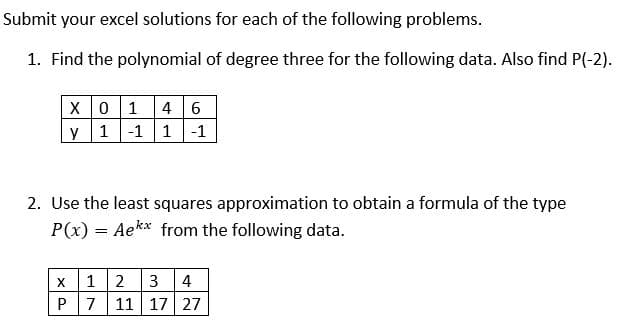 Submit your excel solutions for each of the following problems.
1. Find the polynomial of degree three for the following data. Also find P(-2).
X01 4 6
y 1-1 1 -1
2. Use the least squares approximation to obtain a formula of the type
P(x) = Aek* from the following data.
1 2
11 17 27
X
4
P
7

