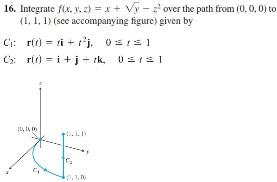 16. Integrate f(x, y, z) = x + Vy – z? over the path from (0, 0, 0) to
(1, 1, 1) (see accompanying figure) given by
C1: r(t) = ti + t²j, 0<t< 1
0 <t< 1
C2: r(t) = i + j + tk,
(0, 0, 0)
(1, 1, 1)
C2
C1
(1, 1, 0)
