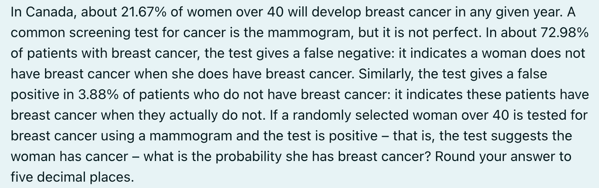 In Canada, about 21.67% of women over 40 will develop breast cancer in any given year. A
common screening test for cancer is the mammogram, but it is not perfect. In about 72.98%
of patients with breast cancer, the test gives a false negative: it indicates a woman does not
have breast cancer when she does have breast cancer. Similarly, the test gives a false
positive in 3.88% of patients who do not have breast cancer: it indicates these patients have
breast cancer when they actually do not. If a randomly selected woman over 40 is tested for
breast cancer using a mammogram and the test is positive - that is, the test suggests the
woman has cancer what is the probability she has breast cancer? Round your answer to
five decimal places.