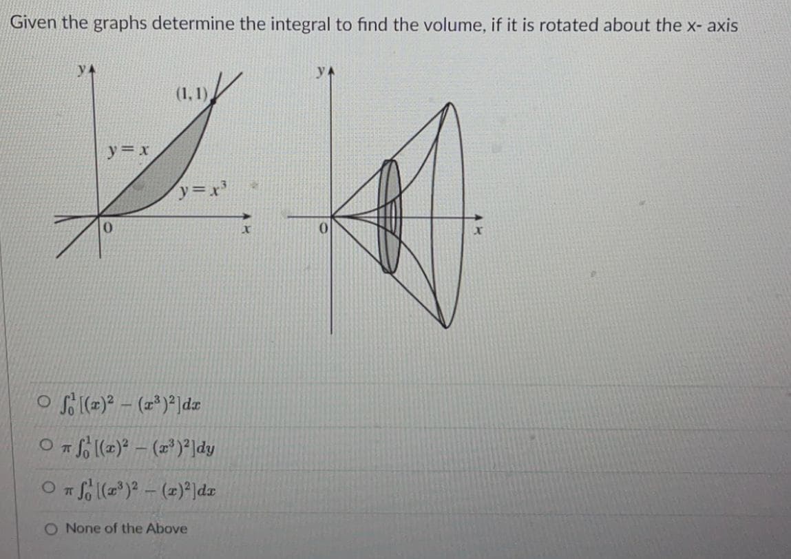 Given the graphs determine the integral to find the volume, if it is rotated about the x- axis
YA
YA
(1, 1)
y=x
J
y=x³
0
x
Of(x)²-(³)²]dx
OTS [(x)²-(x³)²] dy
71
OTS (2³)²-(x)²]dx
O None of the Above