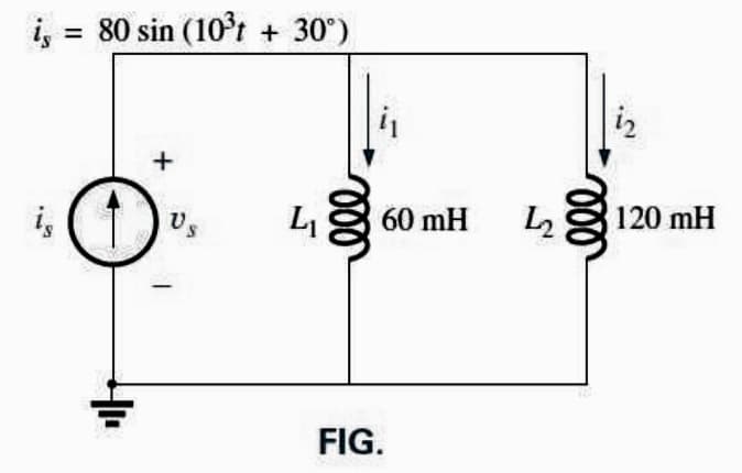 i, = 80 sin (10°t + 30°)
%3D
is
Us
60 mH
120 mH
FIG.
