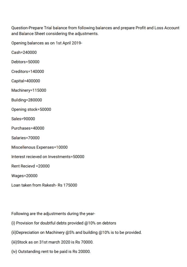 Question-Prepare Trial balance from following balances and prepare Profit and Loss Account
and Balance Sheet considering the adjustments.
Opening balances as on 1st April 2019-
Cash=240000
Debtors=50000
Creditors=140000
Capital=400000
Machinery=115000
Building=280000
Opening stock=50000
Sales=90000
Purchases=40000
Salaries=70000
Miscellenous Expenses=D10000
Interest recieved on Investments=50000
Rent Recievd =20000
Wages=20000
Loan taken from Rakesh- Rs 175000
Following are the adjustments during the year-
(i) Provision for doubtful debts provided @10% on debtors
(ii)Depreciation on Machinery @5% and building @10% is to be provided.
(iii)Stock as on 31st march 2020 is Rs 70000.
(iv) Outstanding rent to be paid is Rs 20000.
