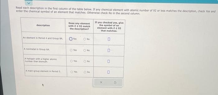 Read each description in the first column of the table below. If any chemical element with atomic number of 92 or less matches the description, check Yes and
enter the chemical symbol of an element that matches. Otherwise check No in the second column.
description
An element in Period 4 and Group 8A.
A nonmetal in Group 6A
A halogen with a higher atomic
number than bismuth
A main-group element in Period 5.
Does any element
with 2 s 92 match
the description?
● Yes
Yes
O Yes
Yes
O No
O No
O No
O No
If you checked yes, give
the symbol of an
element with 2592
that matches.
0
0
10