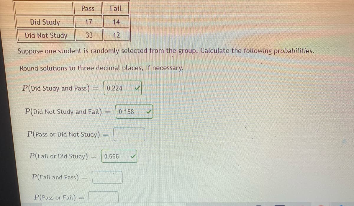 Pass
Fail
Did Study
17
14
Did Not Study
33
12
Suppose one student is randomly selected from the group. Calculate the following probabilities.
Round solutions to three decimal places, if necessary.
P(Did Study and Pass)
0.224
P(Did Not Study and Fail)
0.158
P(Pass or Did Not Study)
P(Fail or Did Study)
0.566
P(Fail and Pass)
P(Pass or Fail)
