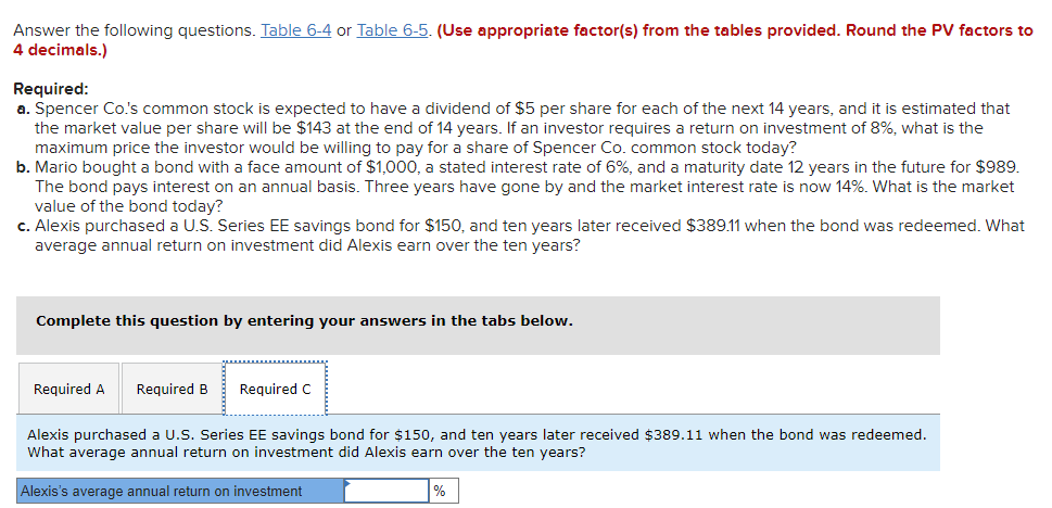 Answer the following questions. Table 6-4 or Table 6-5. (Use appropriate factor(s) from the tables provided. Round the PV factors to
4 decimals.)
Required:
a. Spencer Co's common stock is expected to have a dividend of $5 per share for each of the next 14 years, and it is estimated that
the market value per share will be $143 at the end of 14 years. If an investor requires a return on investment of 8%, what is the
maximum price the investor would be willing to pay for a share of Spencer Co. common stock today?
b. Mario bought a bond with a face amount of $1,000, a stated interest rate of 6%, and a maturity date 12 years in the future for $989.
The bond pays interest on an annual basis. Three years have gone by and the market interest rate is now 14%. What is the market
value of the bond today?
c. Alexis purchased a U.S. Series EE savings bond for $150, and ten years later received $389.11 when the bond was redeemed. What
average annual return on investment did Alexis earn over the ten years?
Complete this question by entering your answers in the tabs below.
Required A
Required B
Required C
Alexis purchased a U.S. Series EE savings bond for $150, and ten years later received $389.11 when the bond was redeemed.
What average annual return on investment did Alexis earn over the ten years?
Alexis's average annual return on investnment
%
