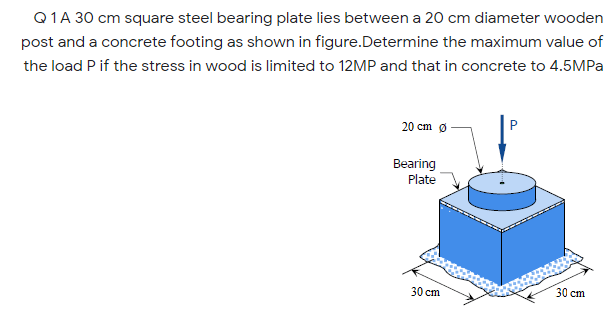 Q1A 30 cm square steel bearing plate lies between a 20 cm diameter wooden
post and a concrete footing as shown in figure.Determine the maximum value of
the load P if the stress in wood is limited to 12MP and that in concrete to 4.5MPA
20 cm ø
Bearing
Plate
30 cm
30 cm
