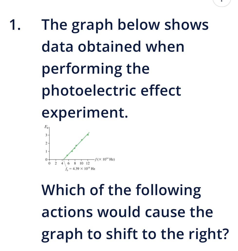1.
The graph below shows
data obtained when
performing the
photoelectric effect
experiment.
Ek
3-
2-
1-
0
f(x 104 Hz)
0
2
4 6 8
10 12
fo 4.39 x 10 Hz
Which of the following
actions would cause the
graph to shift to the right?