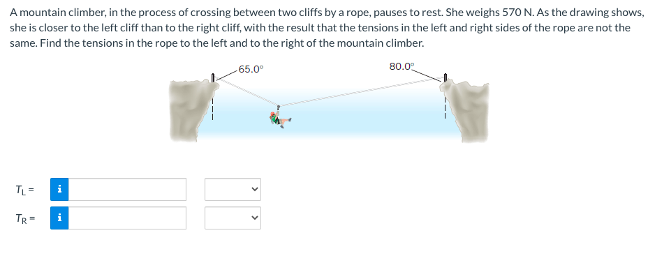 A mountain climber, in the process of crossing between two cliffs by a rope, pauses to rest. She weighs 570 N. As the drawing shows,
she is closer to the left cliff than to the right cliff, with the result that the tensions in the left and right sides of the rope are not the
same. Find the tensions in the rope to the left and to the right of the mountain climber.
65.0°
80.0°
TL =
TR =
i
