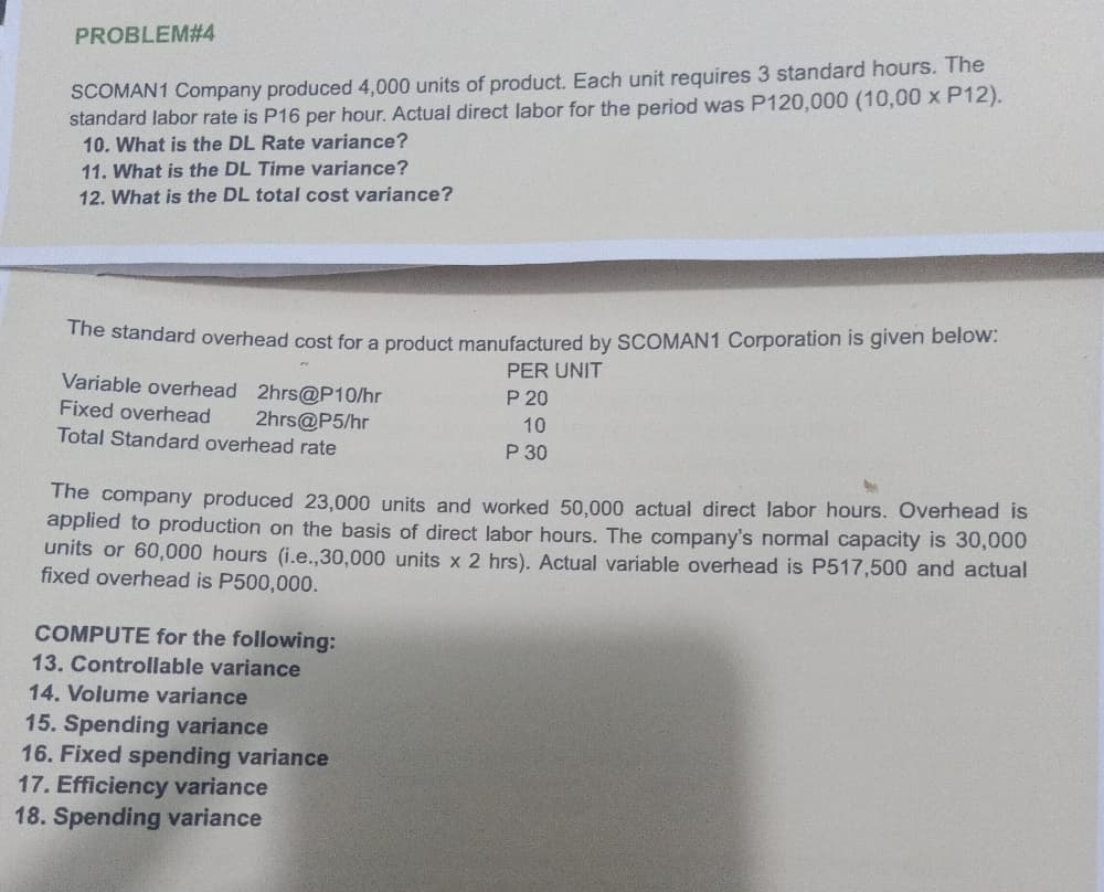 PROBLEM#4
SCOMAN1 Company produced 4,000 units of product. Each unit requires 3 standard hours. The
standard labor rate is P16 per hour. Actual direct labor for the period was P120,000 (10,00 x P12).
10. What is the DL Rate variance?
11. What is the DL Time variance?
12. What is the DL total cost variance?
The standard overhead cost for a product manufactured by SCOMAN1 Corporation is given below:
PER UNIT
Variable overhead 2hrs@P10/hr
Fixed overhead
P 20
2hrs@P5/hr
Total Standard overhead rate
10
P 30
The company produced 23,000 units and worked 50.000 actual direct labor hours. Overhead is
applied to production on the basis of direct labor hours. The company's normal capacity is 30,000
units or 60,000 hours (i.e.,30,000 units x 2 hrs). Actual variable overhead is P517,500 and actual
fixed overhead is P500,000.
COMPUTE for the following:
13. Controllable variance
14. Volume variance
15. Spending variance
16. Fixed spending variance
17. Efficiency variance
18. Spending variance
