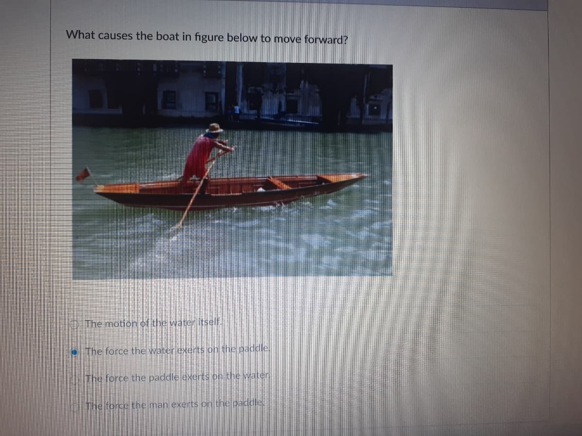 What causes the boat in figure below to move forward?
The motion of the water itself.
The force the water exerts on the paddle.
The force the paddle exerts on the water!
The force the man exerts on the paddle.
