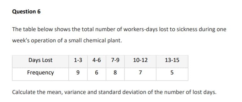 The table below shows the total number of workers-days lost to sickness during one
week's operation of a small chemical plant.
Days Lost
1-3
4-6
7-9
10-12
13-15
Frequency
7
5
Calculate the mean, variance and standard deviation of the number of lost days.
