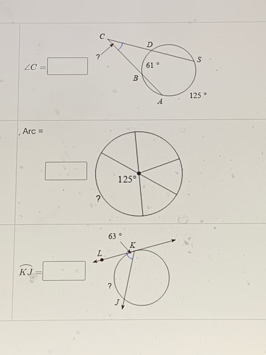 ZC
61 °
В
125 °
A
Arc =
%3D
125°
63°
K
KJ
