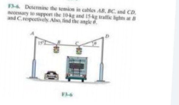 F3-6. Determine the tension in cables AB, BC, and CD.
necessary to support the 10-kg and I5-kg traffic lights at 8
and C.respectively. Also, find the angle é.
F-6
