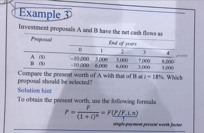 Example 3
Investment proposals A and B have the net cash flows as
Proposal
End of years
1
3
4
revend
A (S)
B (S)
-10,000 3,000
-10,000 6,000
3,000
7,000
6.000
6.000
3,000
3,000
Compare the present worth of A with that of B at i = 18%. Which
proposal should be selected?
Solution hint
To obtain the present worth, use the following formula
F
P =
(1+ i)n
= F(P/F,i,n)
single-payment present worth factor
