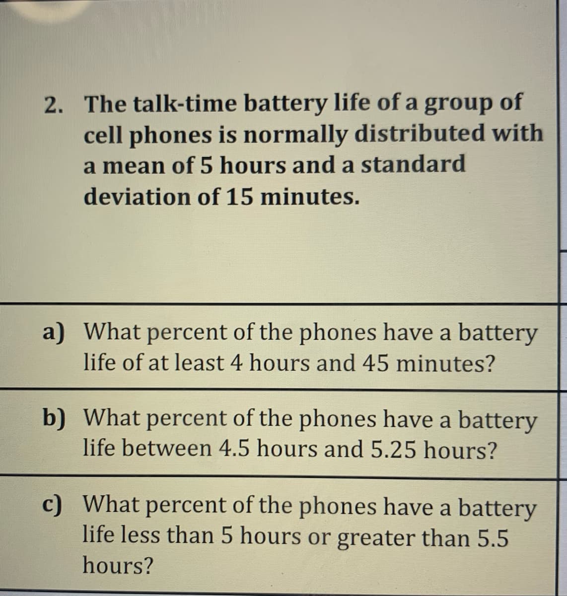 2. The talk-time battery life of a group of
cell phones is normally distributed with
a mean of 5 hours and a standard
deviation of 15 minutes.
a) What percent of the phones have a battery
life of at least 4 hours and 45 minutes?
b) What percent of the phones have a battery
life between 4.5 hours and 5.25 hours?
c) What percent of the phones have a battery
life less than 5 hours or greater than 5.5
hours?
