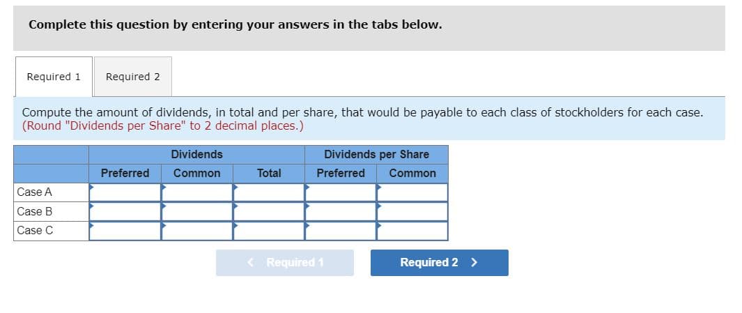 Complete this question by entering your answers in the tabs below.
Required 1 Required 2
Compute the amount of dividends, in total and per share, that would be payable to each class of stockholders for each case.
(Round "Dividends per Share" to 2 decimal places.)
Case A
Case B
Case C
Preferred
Dividends
Common
Total
Dividends per Share
Preferred
Common
Required 1
Required 2 >