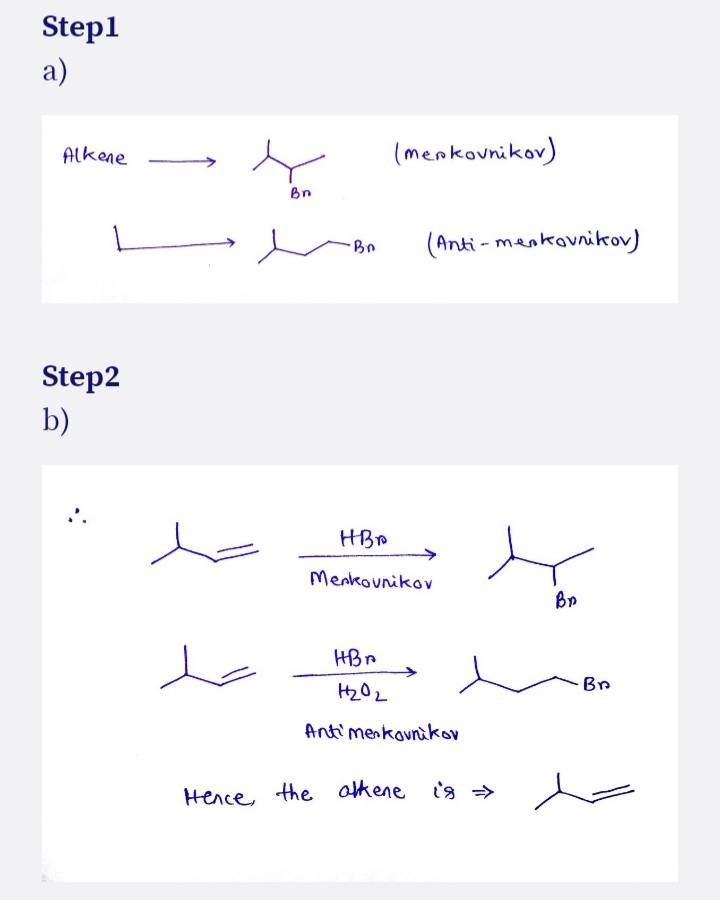 Step1
a)
Alkene
(menkovnikov)
Bn
(Anti - menkovnikov)
Step2
b)
HBP
Menkounikov
Br
HBr
Bn
Antimenkovnikov
Hence, the otkene is →
