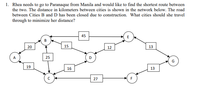 1. Rhea needs to go to Paranaque from Manila and would like to find the shortest route between
the two. The distance in kilometers between cities is shown in the network below. The road
between Cities B and D has been closed due to construction. What cities should she travel
through to minimize her distance?
45
E
20
15
12
13
A
25
19
16
13
27
F
B.
