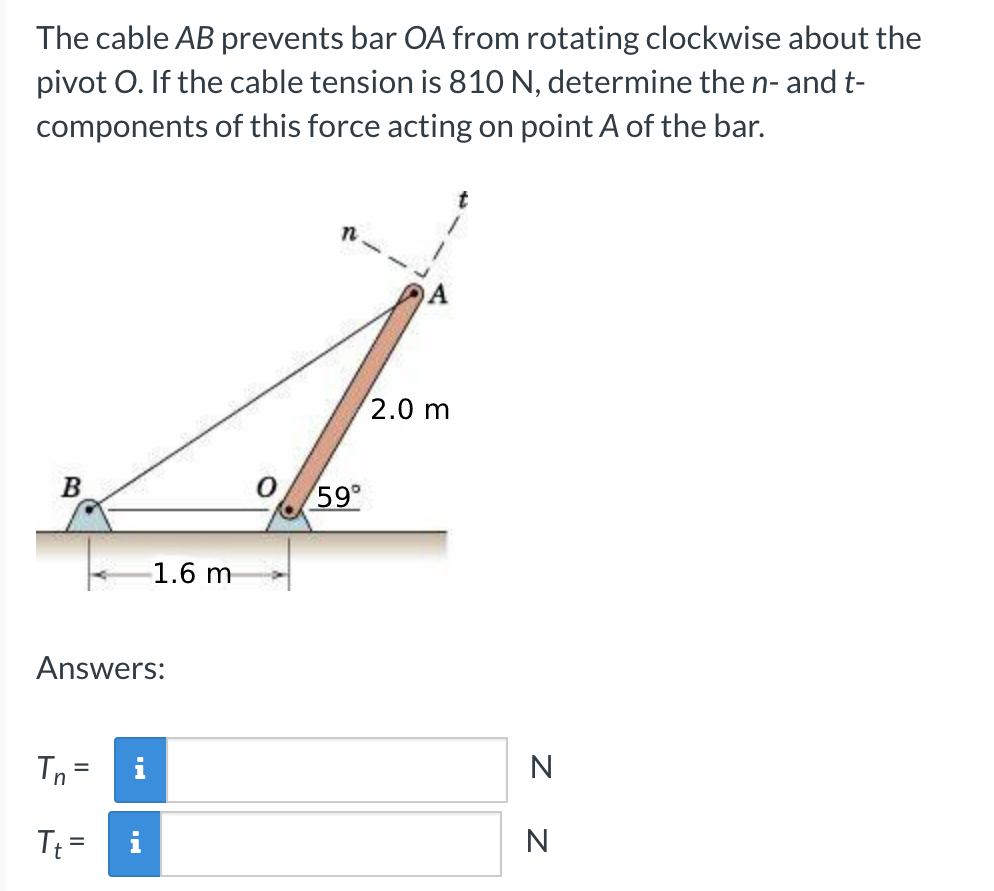 The cable AB prevents bar OA from rotating clockwise about the
pivot O. If the cable tension is 810 N, determine the n- and t-
components of this force acting on point A of the bar.
2.0 m
B
59°
-1.6 m
Answers:
Tn =
i
N
Tt =
N
II
