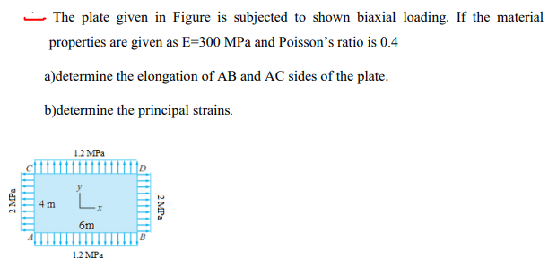 - The plate given in Figure is subjected to shown biaxial loading. If the material
properties are given as E=300 MPa and Poisson's ratio is 0.4
a)determine the elongation of AB and AC sides of the plate.
b)determine the principal strains.
12 MPа
L.
4 m
6m
1.2 MPa
2 MPa
2 МPа
