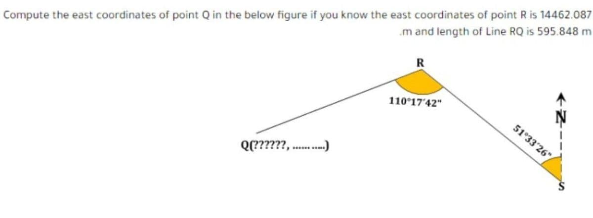 .m and length of Line RQ is 595.848 m
Compute the east coordinates of point Q in the below figure if you know the east coordinates of point R is 14462.087
R
110 1742"
51°33'26"
Q(??????, .)
+Z-
