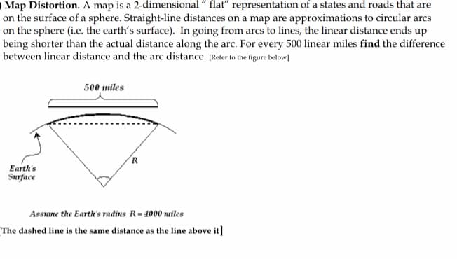 Map Distortion. A map is a 2-dimensional " flat" representation of a states and roads that are
on the surface of a sphere. Straight-line distances on a map are approximations to circular arcs
on the sphere (i.e. the earth's surface). In going from arcs to lines, the linear distance ends up
being shorter than the actual distance along the arc. For every 500 linear miles find the difference
between linear distance and the arc distance. [Refer to the figure below]
500 miles
R.
Earth's
Surface
Assume the Earth's radins R=1000 miles
The dashed line is the same distance as the line above it]
