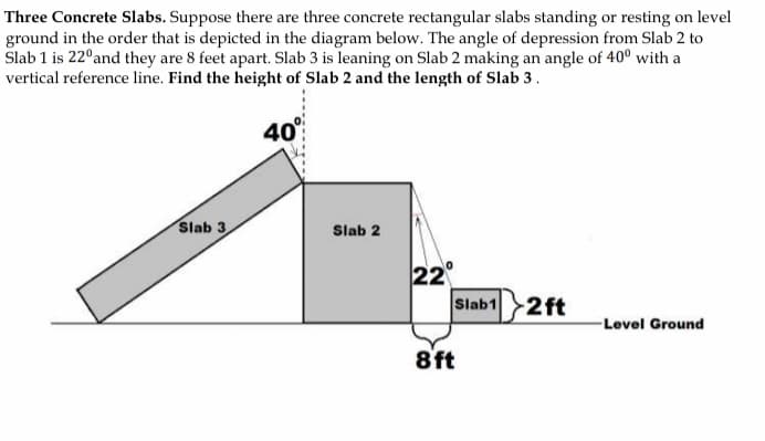 Three Concrete Slabs. Suppose there are three concrete rectangular slabs standing or resting on level
ground in the order that is depicted in the diagram below. The angle of depression from Slab 2 to
Slab 1 is 22°and they are 8 feet apart. Slab 3 is leaning on Slab 2 making an angle of 40° with a
vertical reference line. Find the height of Slab 2 and the length of Slab 3.
40°
Slab 3
Slab 2
22
Slab1
2ft
-Level Ground
8ft
