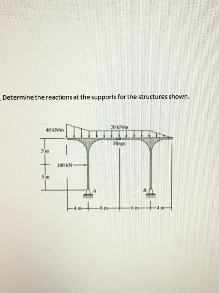 Determine the reactions at the supports for the structures shown.
20 kN/m
40 KN/m
Hinge
5 m
100 kN
5 m
m-
6m
