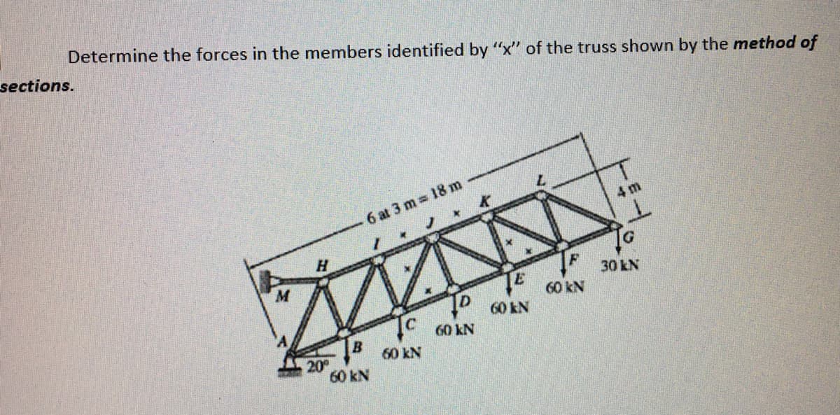 Determine the forces in the members identified by "x" of the truss shown by the method of
sections.
6 at 3 m 18 m
4 m
D
60 KN
M
H
B
60 kN
20⁰
60 kN
E
60 kN
60 kN
30 kN