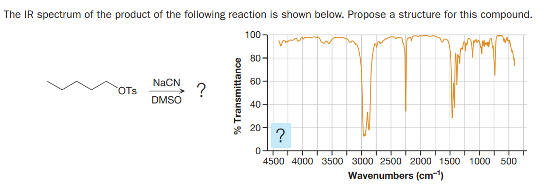 The IR spectrum of the product of the following reaction is shown below. Propose a structure for this compound.
100 -
80-
NaCN
60-
OTs
DMSO
40-
* 20-
4500 4000 3500 3000 2500 2000 1500 1000
500
Wavenumbers (cm-1)
