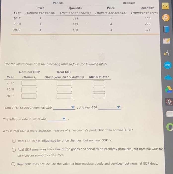 Pencils
Oranges
Price
(Dollars per orange)
1
Quantity
(Number of orang
165
225
175
Price
Quantity
Year (Dollars per pencil)
(Number of pencils)
2017
1
115.
2018
2
135
4
2019
4
100
Use the information from the preceding table to fill in the following table.
Nominal GDP
Real GDP
Year
(Dollars)
(Base year 2017, dollars) GDP Deflator
2017
2018
EM
UC
DO
2019
A+
From 2018 to 2019, nominal GDP
and real GDP
F
The inflation rate in 2019 was
Why is real GDP a more accurate measure of an economy's production than nominal GDP?
Real GDP is not influenced by price changes, but nominal GDP is.
Real GDP measures the value of the goods and services an economy produces, but nominal GDP me
services an economy consumes.
Real GDP does not include the value of intermediate goods and services, but nominal GDP does.
A-Z
bongo