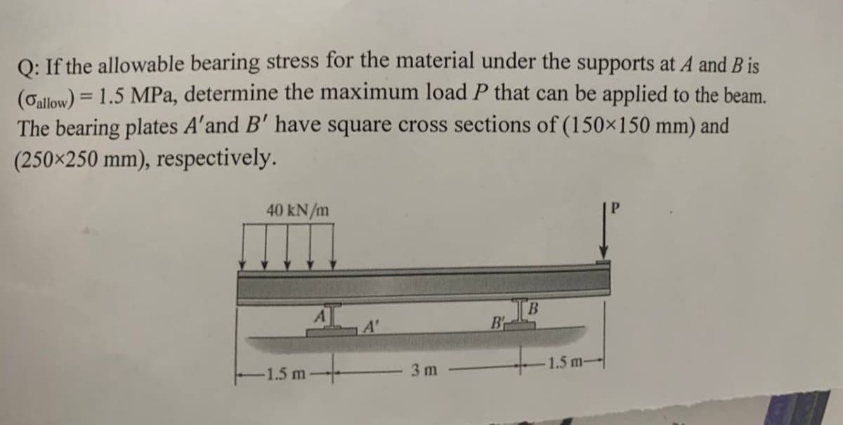 O: If the allowable bearing stress for the material under the supports at A and B is
(Gallow) = 1.5 MPa, determine the maximum load P that can be applied to the beam.
The bearing plates A'and B' have square cross sections of (150x150 mm) and
(250×250 mm), respectively.
%3D
40 kN/m
B.
Br
-1.5 m-
1.5 m
3 m
