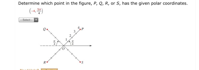 Determine which point in the figure, P, Q, R, or S, has the given polar coordinates.
(-4.똥)
5л
--Select-
R•
