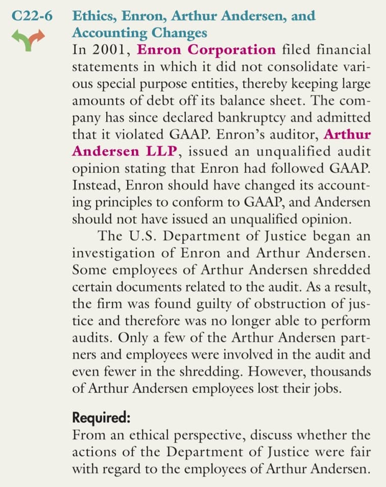 C22-6 Ethics, Enron, Arthur Andersen, and
Accounting Changes
In 2001, Enron Corporation filed financial
statements in which it did not consolidate vari-
ous special purpose entities, thereby keeping large
amounts of debt off its balance sheet. The com-
pany has since declared bankruptcy and admitted
that it violated GAAP. Enron's auditor, Arthur
Andersen LLP, issued an unqualified audit
opinion stating that Enron had followed GAAP.
Instead, Enron should have changed its account-
ing principles to conform to GAAP, and Andersen
should not have issued an unqualified opinion.
The U.S. Department of Justice began an
investigation of Enron and Arthur Andersen.
Some employees of Arthur Andersen shredded
certain documents related to the audit. As a result,
the firm was found guilty of obstruction of jus-
tice and therefore was no longer able to perform
audits. Only a few of the Arthur Andersen part-
ners and employees were involved in the audit and
even fewer in the shredding. However, thousands
of Arthur Andersen employees lost their jobs.
Required:
From an ethical perspective, discuss whether the
actions of the Department of Justice were fair
with regard to the employees of Arthur Andersen.
