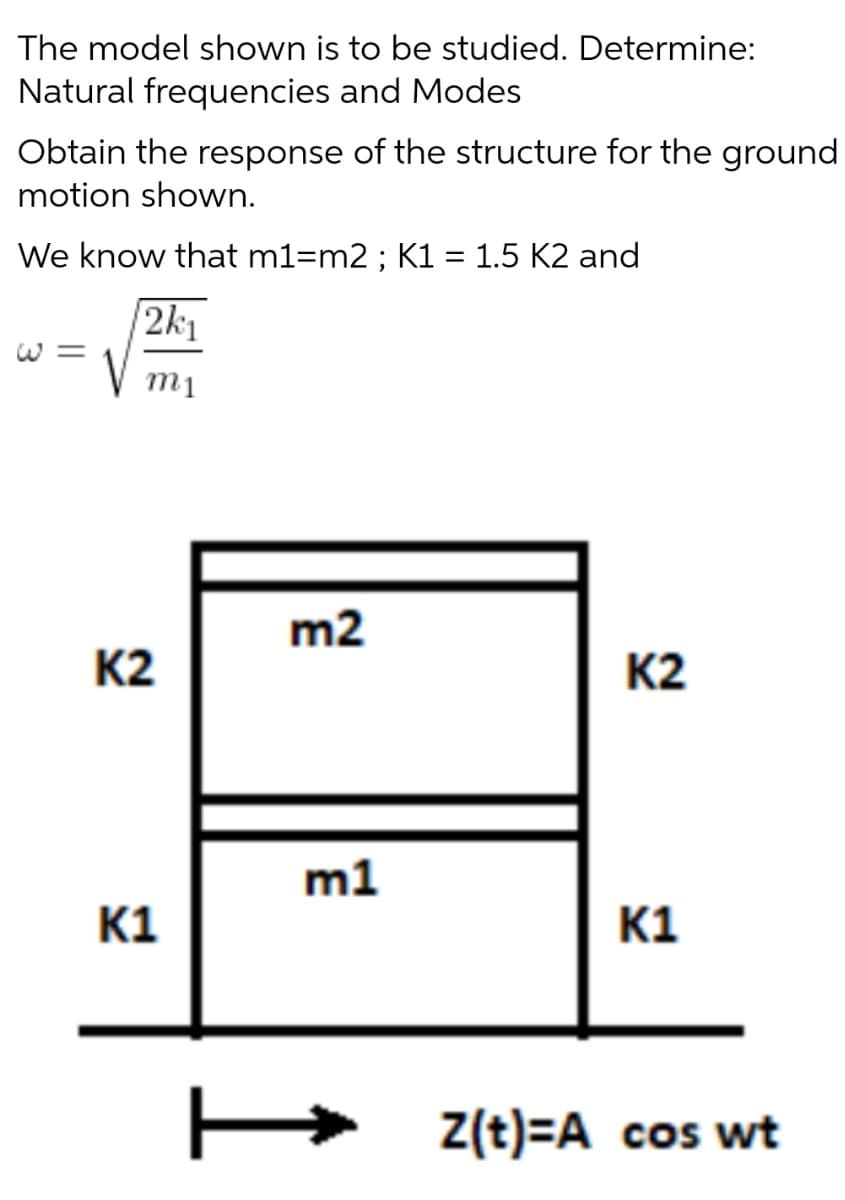 The model shown is to be studied. Determine:
Natural frequencies and Modes
Obtain the response of the structure for the ground
motion shown.
We know that m1=m2 ; K1 = 1.5 K2 and
2k1
W =
m1
m2
K2
K2
m1
K1
K1
Z(t)=A cos wt

