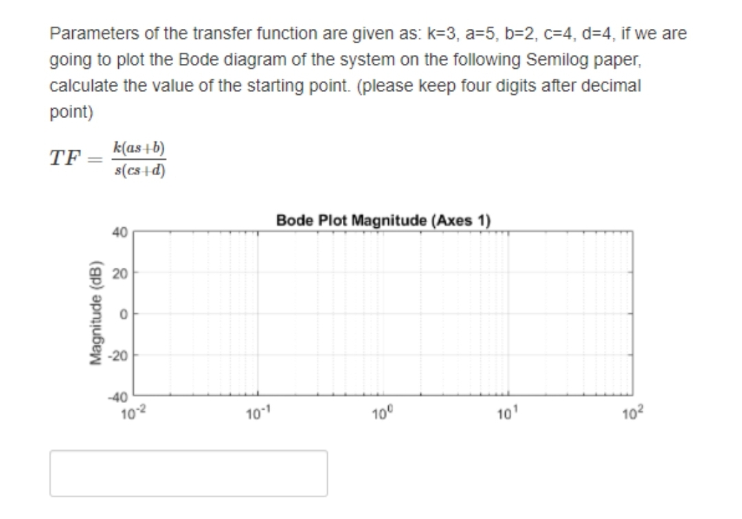 Parameters of the transfer function are given as: k=3, a=5, b=2, c=4, d=4, if we are
going to plot the Bode diagram of the system on the following Semilog paper,
calculate the value of the starting point. (please keep four digits after decimal
point)
k(as+b)
s(cs+d)
TF
Bode Plot Magnitude (Axes 1)
40
20
-20
-40
102
101
100
10'
102
Magnitude (dB)

