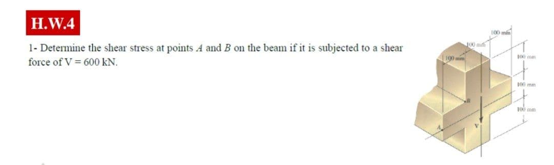 H.W.4
1- Determine the shear stress at points A and B on the beam if it is subjected to a shear
100 mm
force of V = 600 kN.
J00 m
00 m
J00 me
100 mm
100 me

